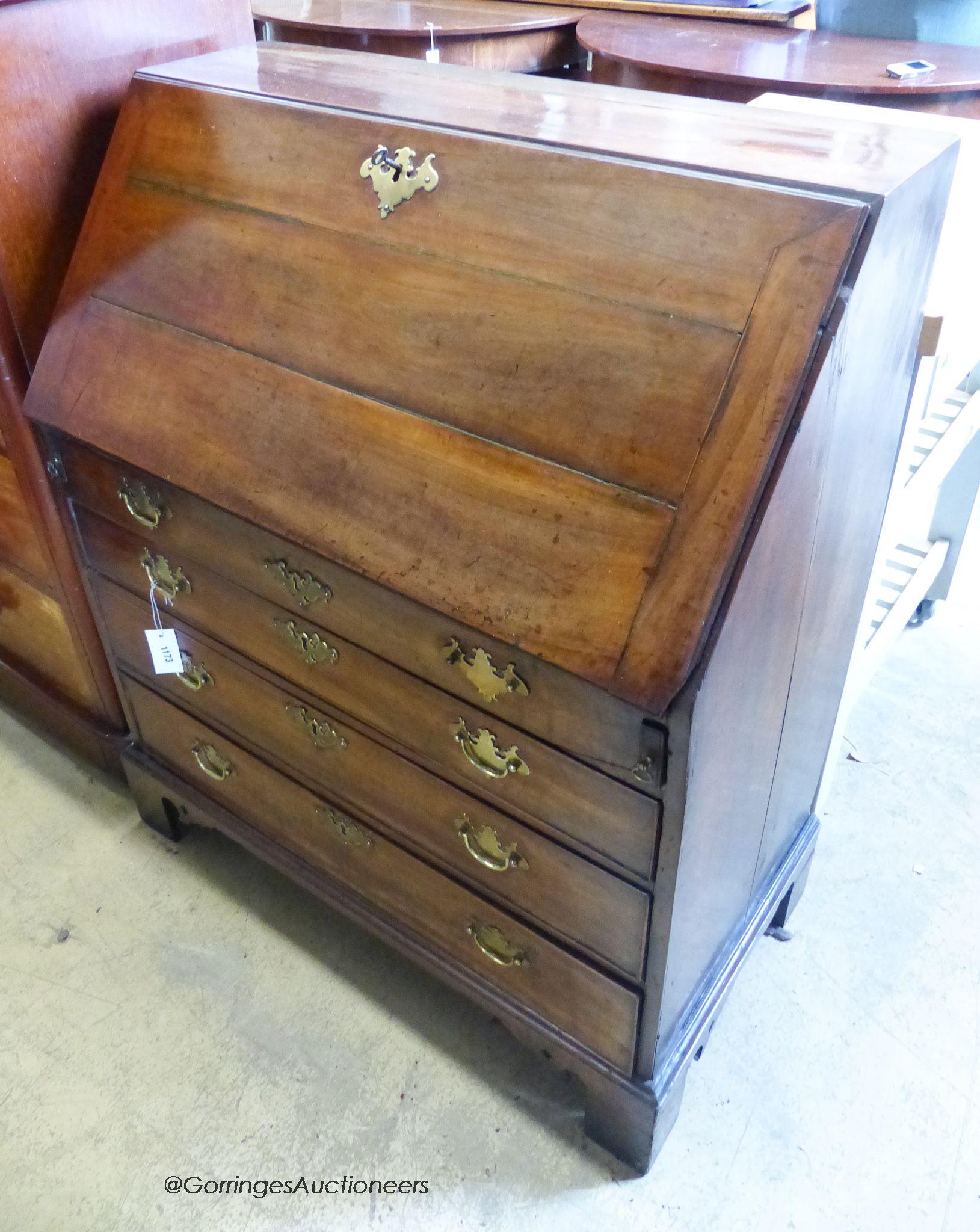 An George III Mahogany bureau. W-87, D-45, H-107cm.